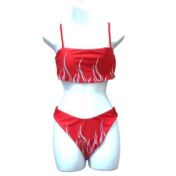 Womens Red Bikini Set Flame Print & Lace-Up Back By Zaful Med/ 6 Pool Beach Sexy - Picture 1 of 5